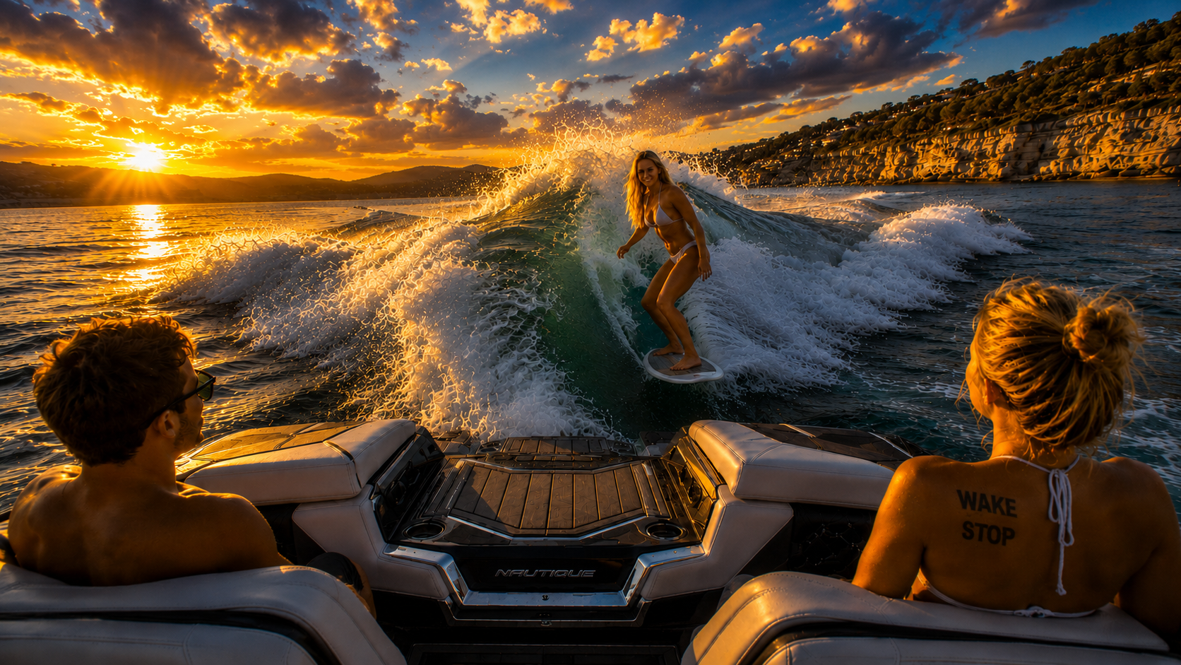 Wakesurfing at sunset on Lake Travis