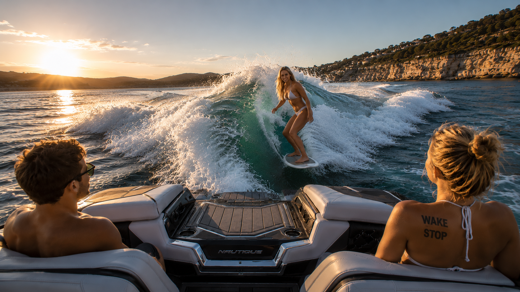 Wakesurfing at sunset on Lake Travis